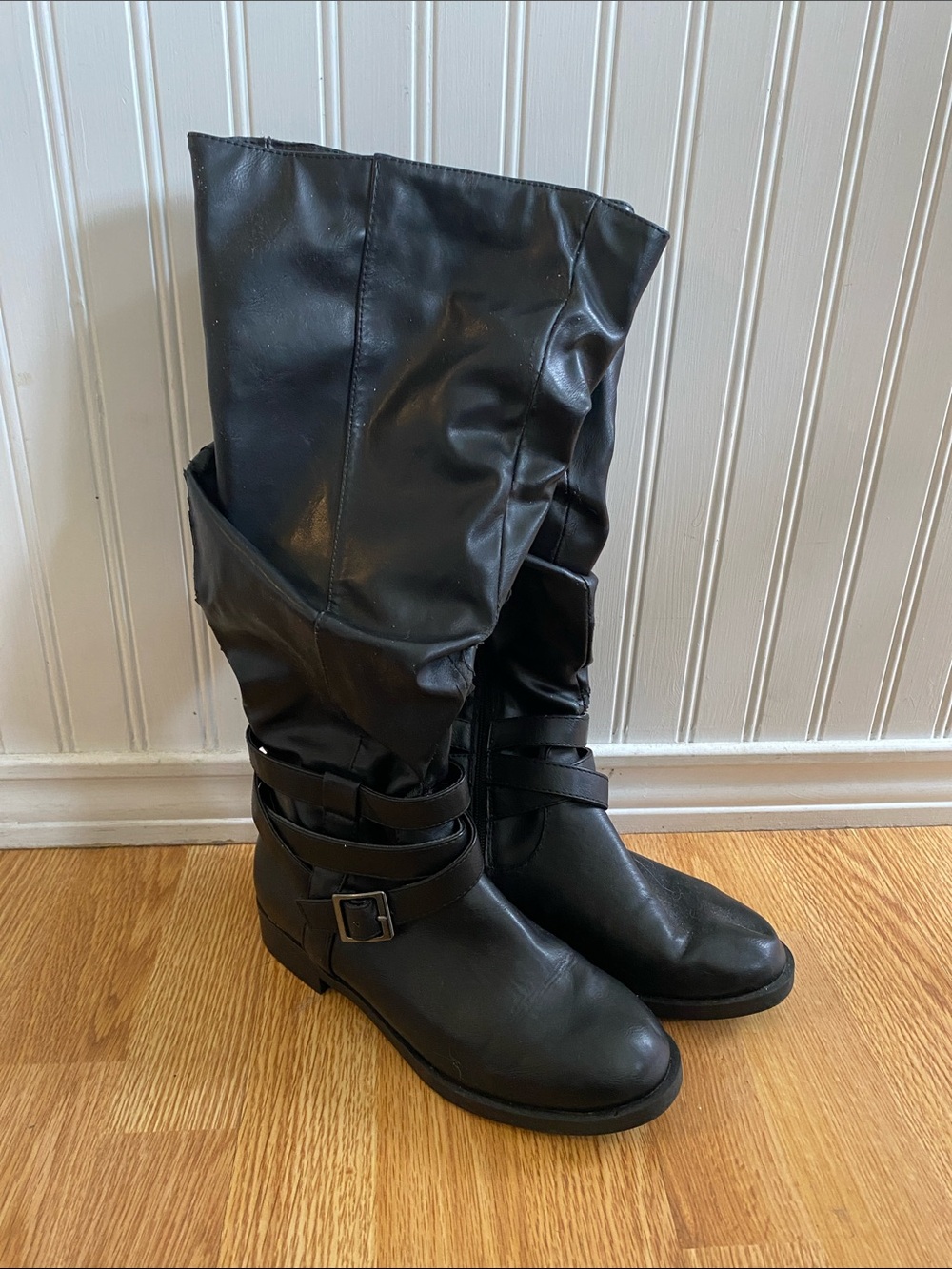 Women’s Black Slouchy Knee-High Boots with Buckle Strap